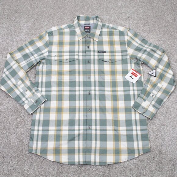 Wrangler Shirt NWT Mens Large Green/Yellow Regular Fit Roll Sleeve Stretch L/S - Picture 1 of 13